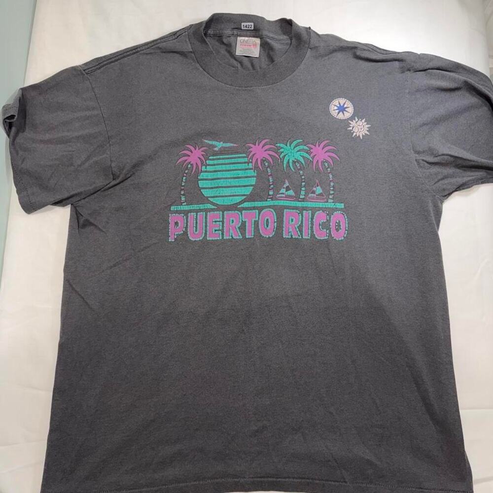 VTG Puerto Rico T-Shirt Mens XL 80s 90s Palm Tree Sunset Neon Oneita Power 50